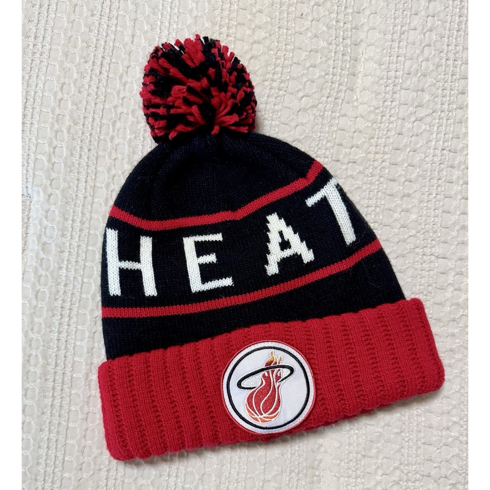 Mitchell & Ness Miami Heat knit Winter ski Hat Pom Beanie NBA Embroidered Patch